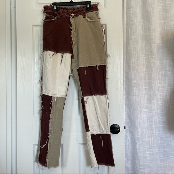 Brown Patchwork Denim Unique Eccentric Eclectic Creative Expression Fashion - Picture 11 of 12